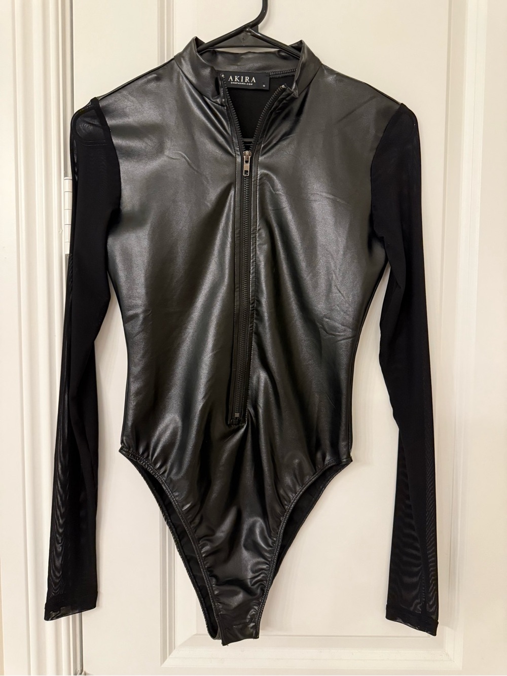 AKIRA Black Faux Leather Zip-Front Bodysuit